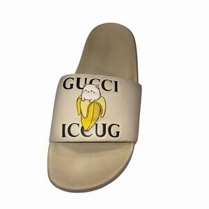 Gucci x Bananya Cat Print Slide Sandals Cream Leather Size EU 40 US 10 Left Only